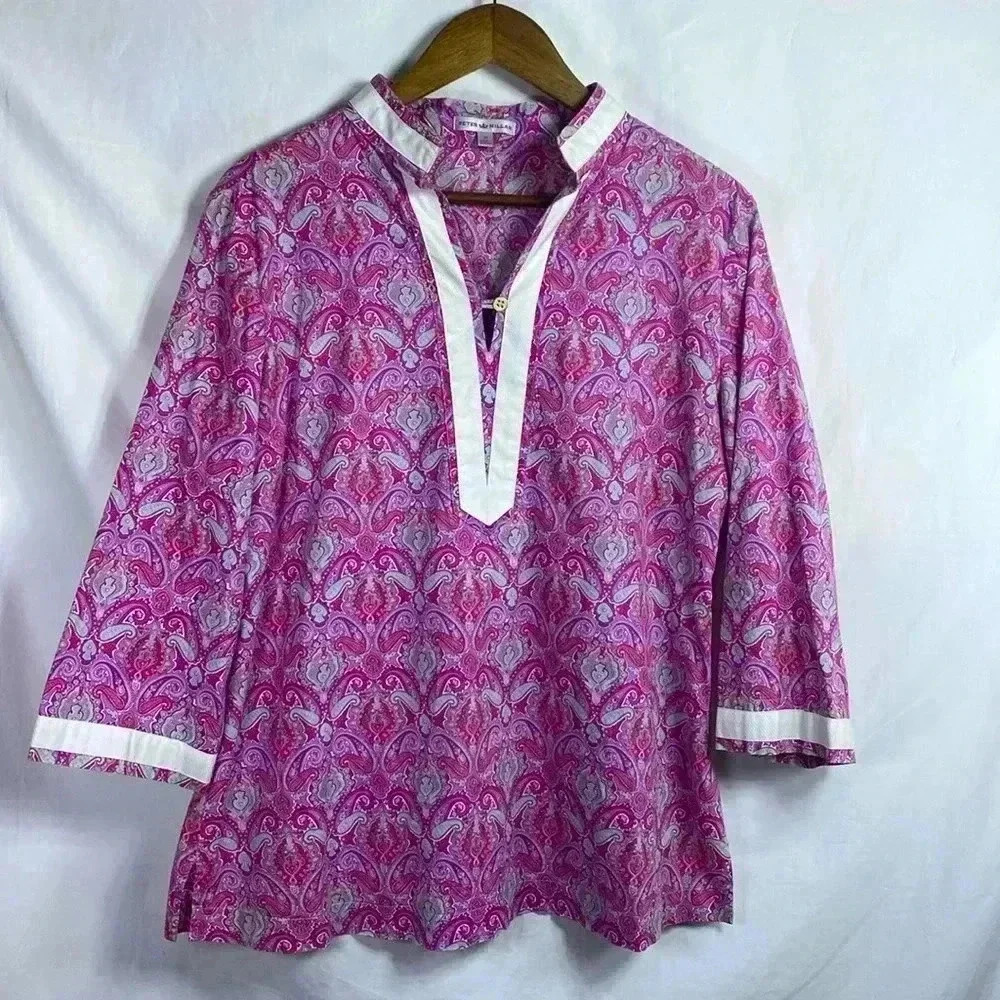 Peter Millar Pink & Purple Paisley Woman’s Medium Tunic with White Ribbon Trim.
